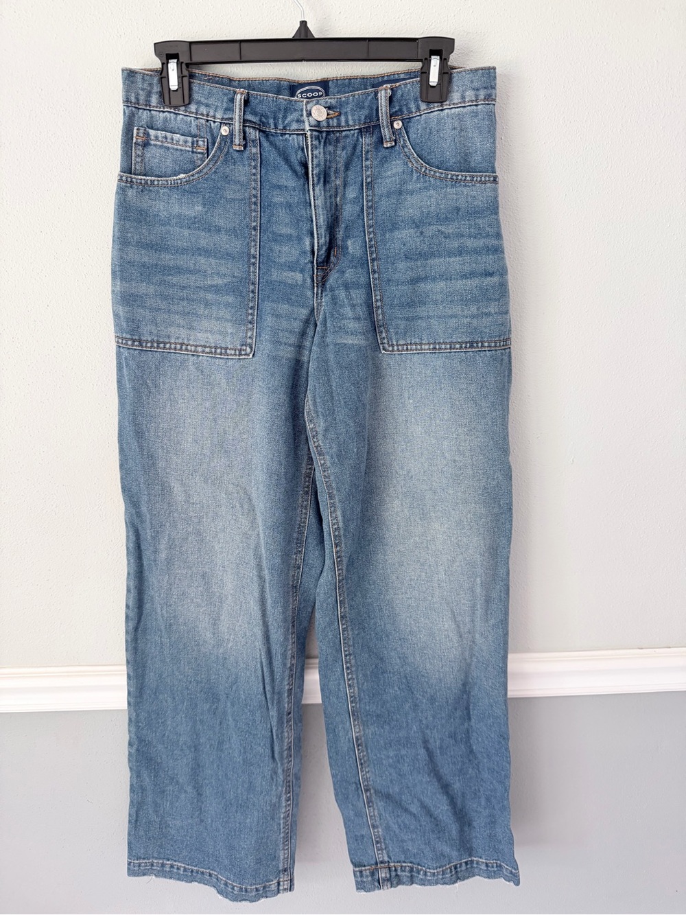 Scoop Darted Barrel High Rise Jeans Utility Patch Pockets Blue Denim Size 8